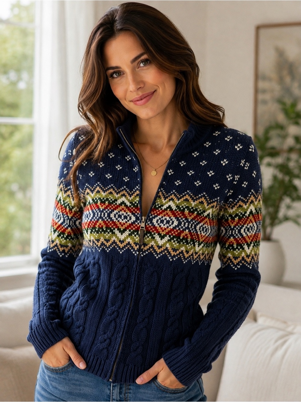 Liz Claiborne Fair Isle Cable Knit Zip Sweater Medium